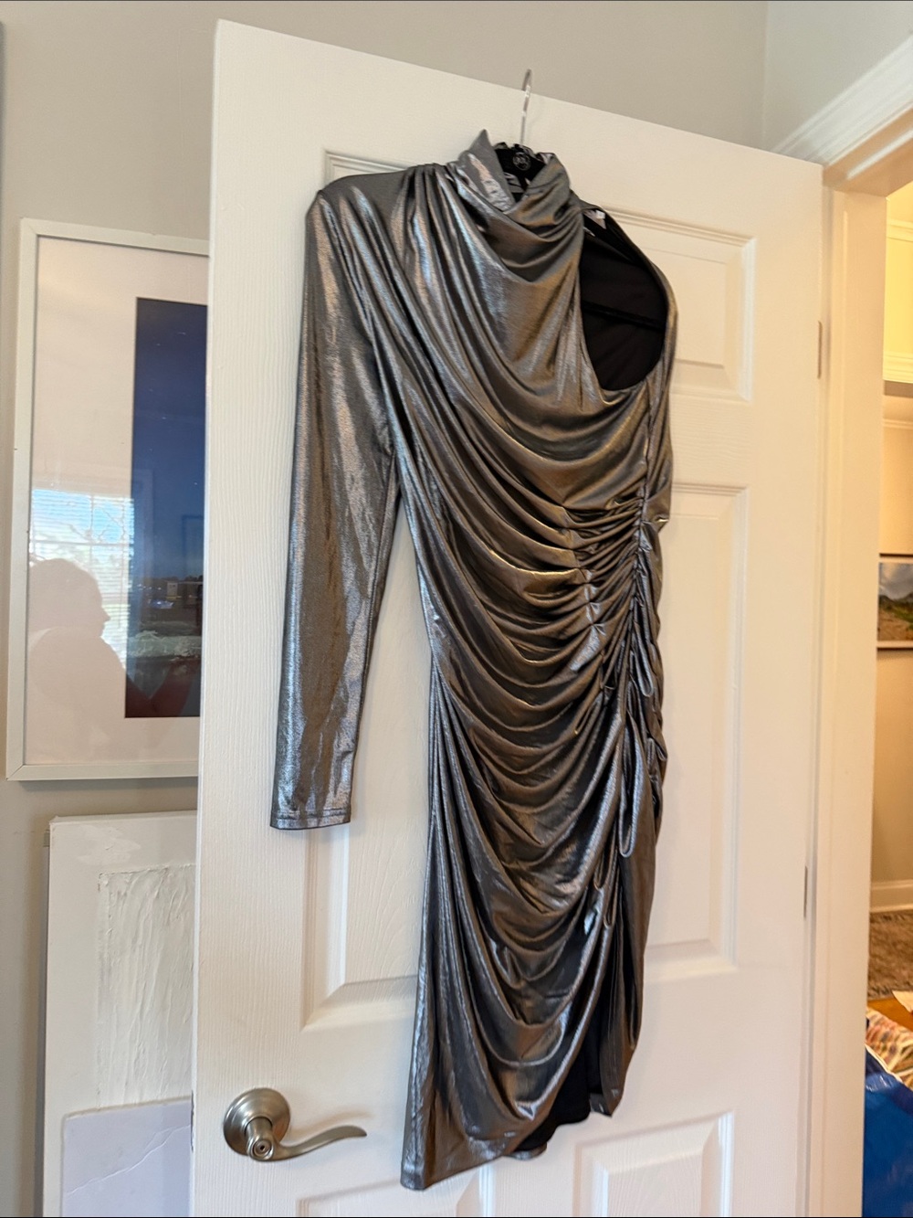 Metallic Silver Ruched One-Shoulder Dress